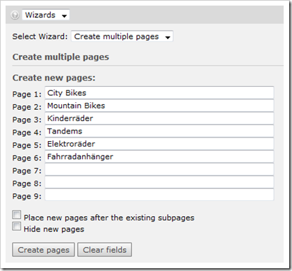 TYPO3: Create multiple pages wizard