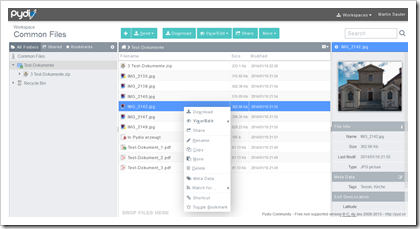 Pydio: Web-Interface mit Ordnerstruktur, Dateiliste und Vorschau