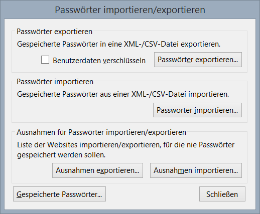 Password Exporter für Firefox: Der Import/Export-Dialog