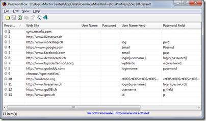 NirSoft PasswordFox (Screenshot)